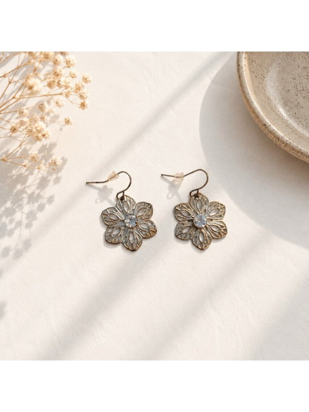 Vintage Ornate Silverplated Filigree Floral Dangle Earrings Boho Crystal